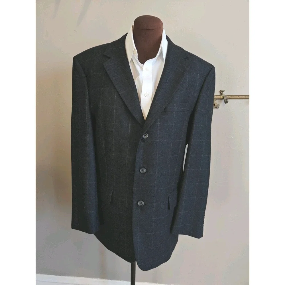 Jos A Bank Mens 41R Navy Windowpane Wool Sports Coat 3 Button Blazer Regular